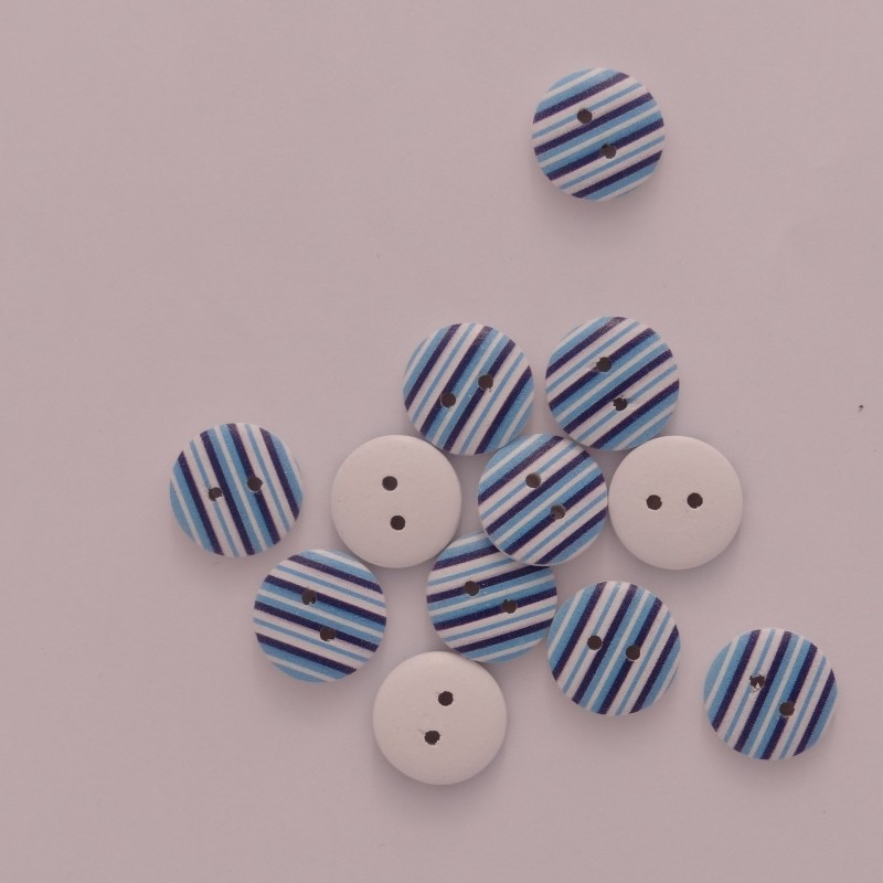 Bouton en bois sérigraphié : Rayures bleues Bouton en bois sérigraphié : Rayures bleues
