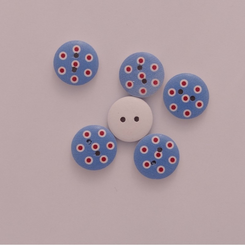 Bouton en bois sérigraphié : Bleu à pois rouge Bouton en bois sérigraphié : Bleu à pois rouge