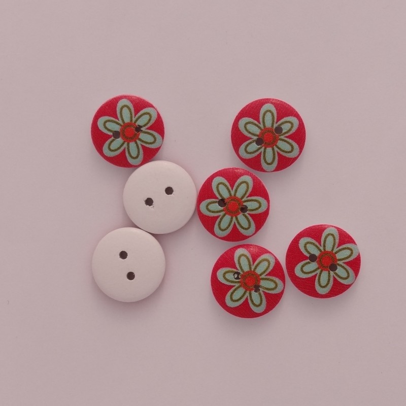 Bouton en bois sérigraphié : Rouge à fleur verte Bouton en bois sérigraphié : Rouge à fleur verte