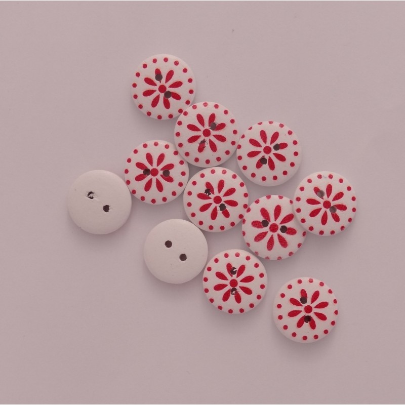 Bouton en bois sérigraphié : Blanc à fleur rouge Bouton en bois sérigraphié : Blanc à fleur rouge