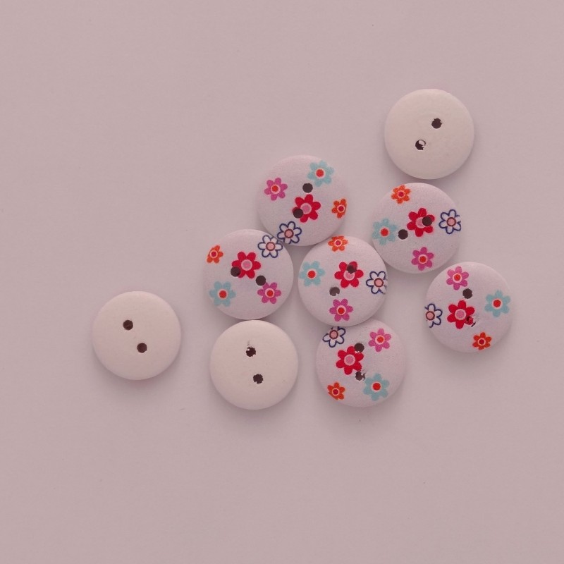 Bouton en bois sérigraphié : Blanc à fleurs printanières Bouton en bois sérigraphié : Blanc à fleurs printanières