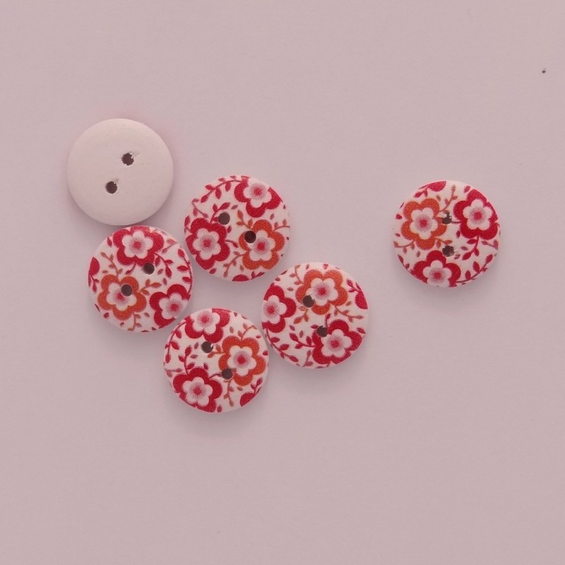 Bouton en bois sérigraphié : Blanc à fleurs rouges et oranges Bouton en bois sérigraphié : Blanc à fleurs rouges et oranges