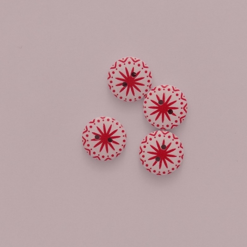 Bouton en bois sérigraphié : Blanc à soleil rouge Bouton en bois sérigraphié : Blanc à soleil rouge